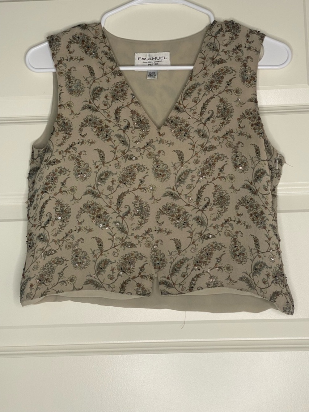 90s 100% Silk Emanuel Ungaro Beige Embroidered Sequin V-Neck Sleeveless Top